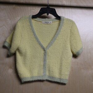 molly green yellow & green short sleeve sweater cardigan women's Sz Med